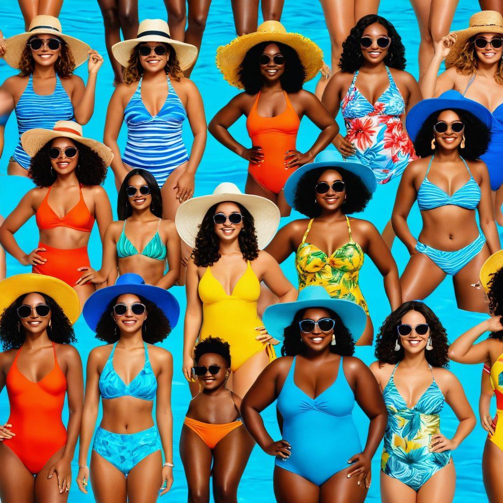A sun-kissed beach scene featuring diverse individuals confidently showcasing various styles of vibrant swimwear. The characters should display body positivity, radiating happiness and self-love, with playful beach accessories like colorful beach hats and sunglasses. Bright blue ocean waves in the background complement the warmth of the summer sun, creating a lively, inviting atmosphere. Include subtle hints of tropical flora to enhance the natural beauty. super-realistic. vibrant colors. white background.