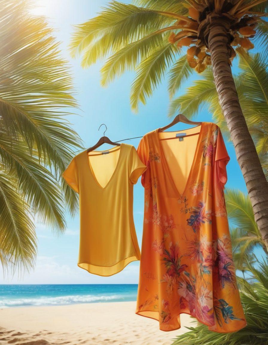 A vibrant summer scene featuring an elegant fashion display with colorful beachwear transitioning into intimate wear. Include a soft sandy beach background with warm sunlight casting a golden glow, and delicate tropical flowers scattered throughout the scene. The clothing should be stylishly arranged, showcasing textures and fabrics that convey a sense of sensuality and freedom. Add an inviting atmosphere with hints of ocean waves and palm trees swaying in the breeze. super-realistic. vibrant colors. soft focus.