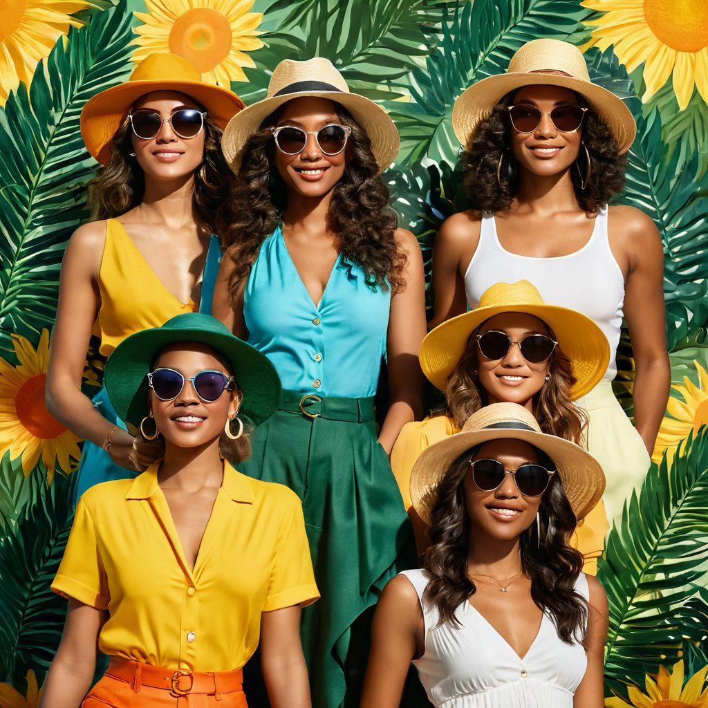 A radiant figure of diverse body types basking in golden sunlight, wearing vibrant, trendy outfits that express individuality and confidence. The background features a soft gradient of sun rays merging with lush greenery, symbolizing growth and positivity. Include playful accessories like hats and sunglasses, adding a touch of fun to the scene. super-realistic. vibrant colors. soft focus.